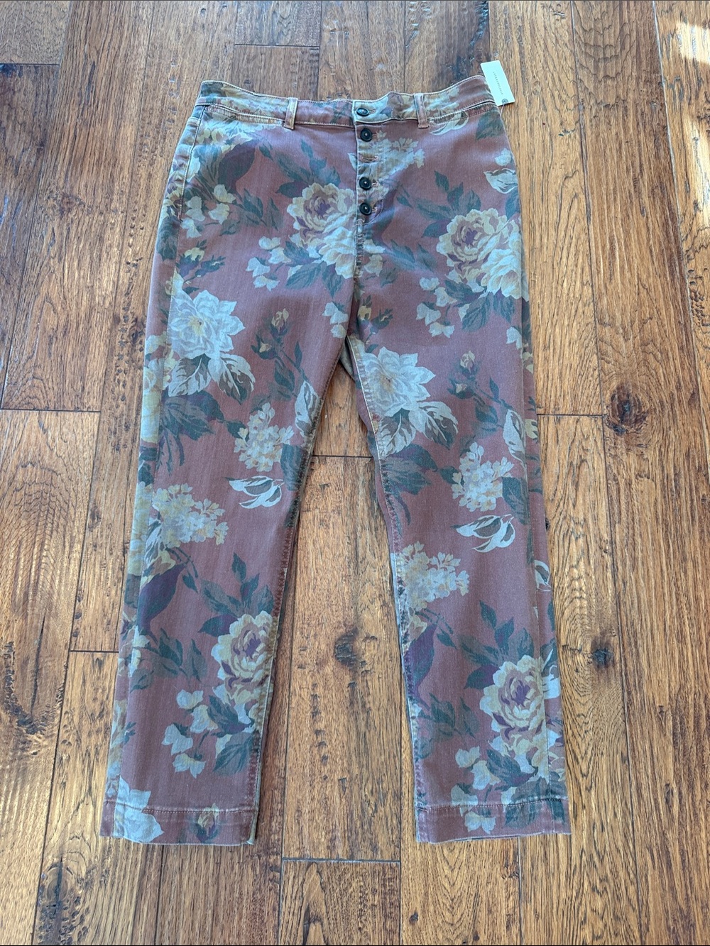 Anthropologie Brown Floral Cropped Button-Front Jeans